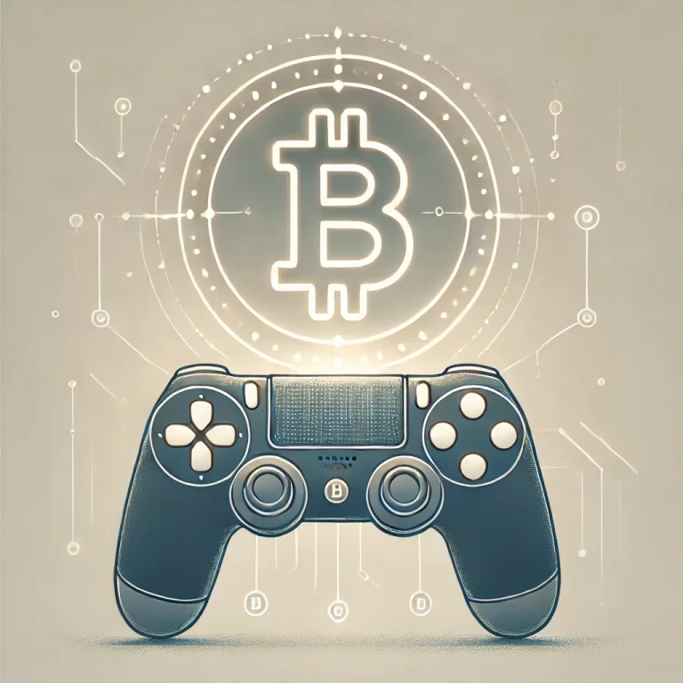 Minimalist illustration of a glowing Bitcoin symbol centered on a game controller showing Gamification of cryptocurrencies