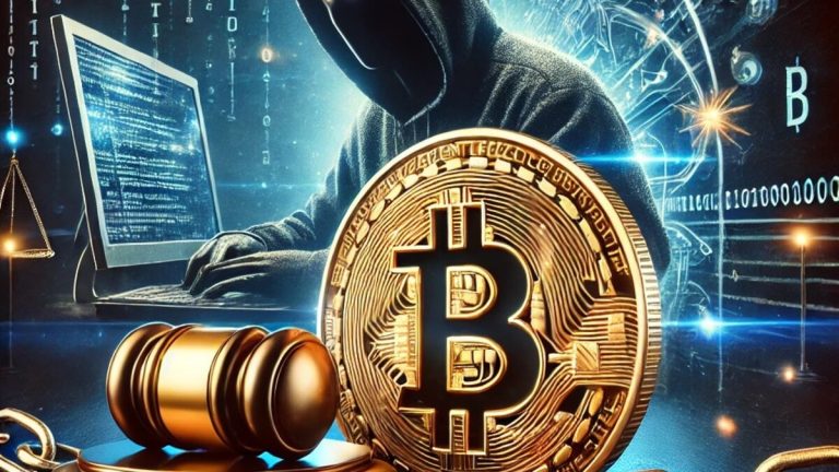 Illustration of the Bitfinex hack featuring a shadowy hacker, a gold Bitcoin symbol encircled by chains, and a gavel symbolizing justice against crypto theft.