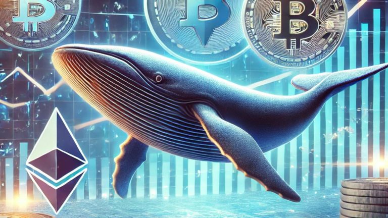 Conceptual image of a large whale symbol surrounded by Bitcoin, Ethereum, and Dogecoin logos, with financial charts and rising arrows in a digital futuristic background, representing the impact of crypto whales on the market