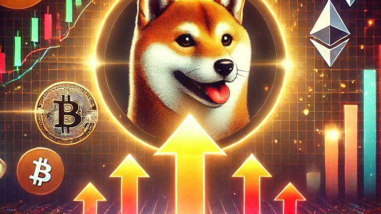 Illustration of Shiba Inu surge with glowing upward arrows, vibrant colors, and digital symbols, representing a 2,000% growth prediction