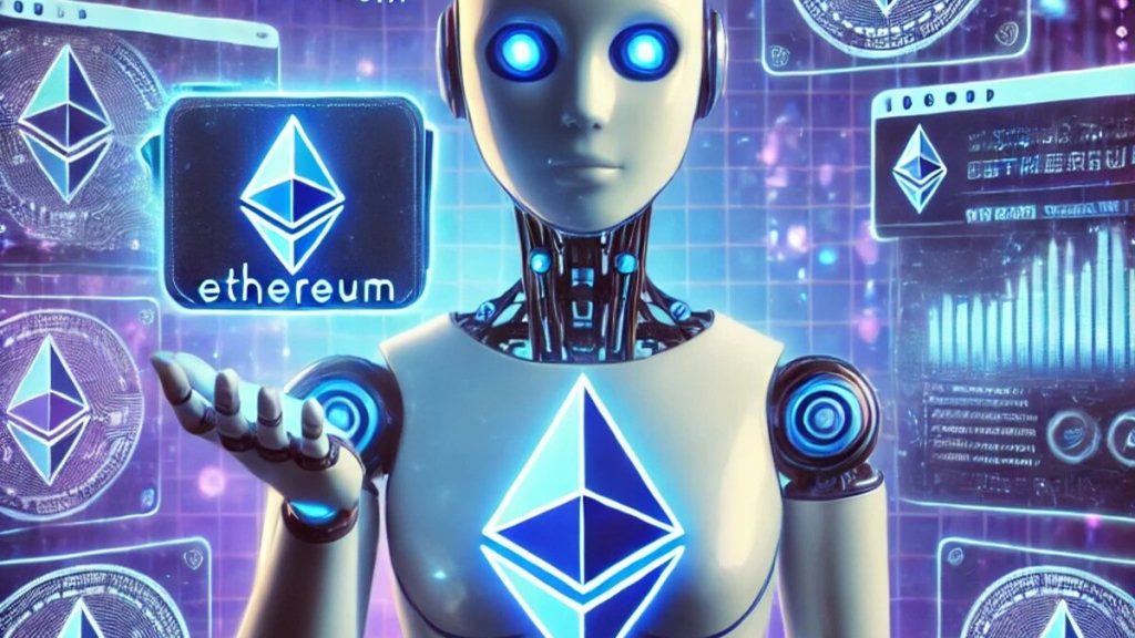 Futuristic AI chatbot with a glowing Ethereum wallet interface, surrounded by digital assets and cryptocurrency symbols, symbolizing the AI-driven cryptocurrency experiment.