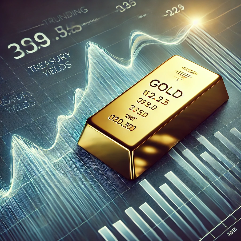 A gold bar resting on a financial chart with upward-trending curves symbolizing Treasury yields, reflecting the interplay between gold prices and bond market trends.