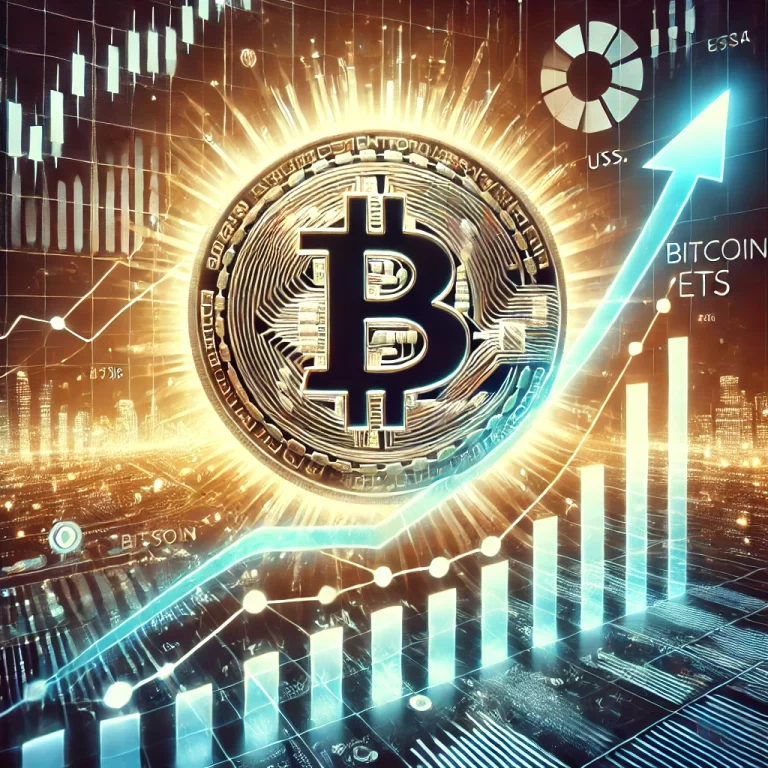 Illustration showing a glowing Bitcoin symbol with upward-trending graphs, set in a futuristic financial backdrop, symbolizing the surge in Bitcoin ETFs post-election.