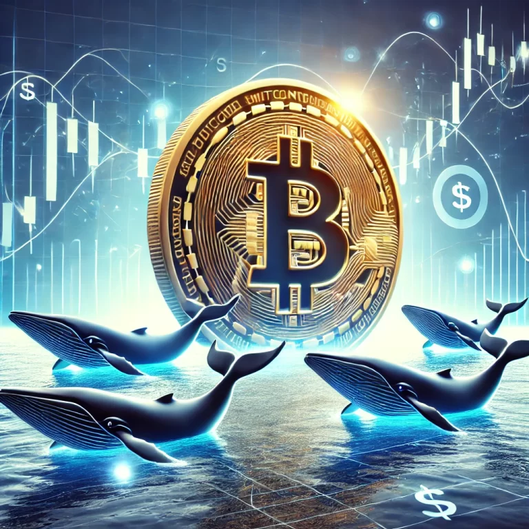 A massive Bitcoin coin floating in water, surrounded by abstract whale silhouettes, with stylized financial graph lines in the background, symbolizing Bitcoin whale transactions and market activity