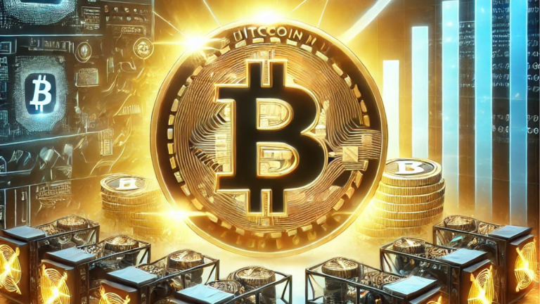 Illustration depicting Mara Holdings' Bitcoin acquisition, with a glowing Bitcoin symbol, active mining rigs, financial growth charts, and a futuristic digital background, symbolizing innovation and strategic investments