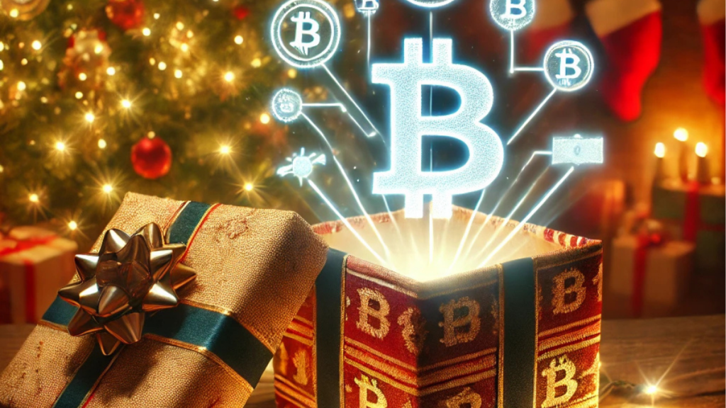 Festive scene with a wrapped gift box featuring a glowing Bitcoin symbol and cryptocurrency icons, surrounded by a Christmas tree with digital ornaments and sparkling lights, symbolizing cryptocurrencies as Christmas gifts