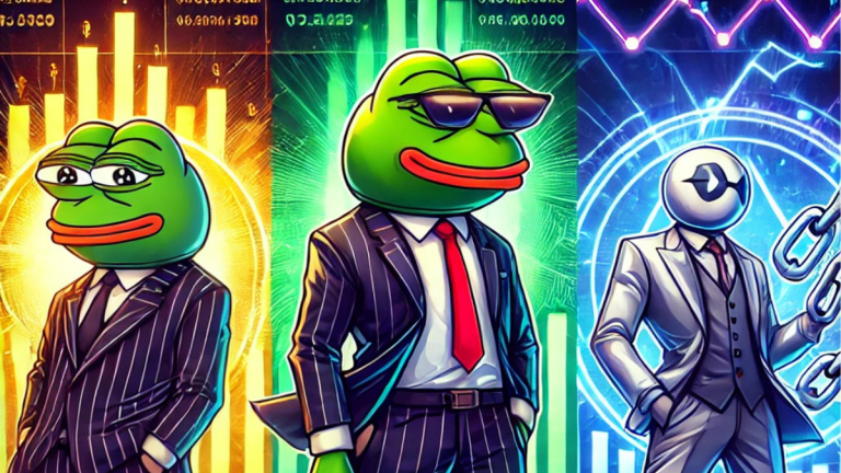 Illustration showcasing three standout meme coins: Wall Street Pepe ($WEPE) with a stylish Pepe frog, Pepe Unchained ($PEPU) with a chain-link symbol, and Turbo ($TURBO) with a futuristic lightning bolt. Background features glowing cryptocurrency charts and digital graphs, symbolizing growth and investment potential