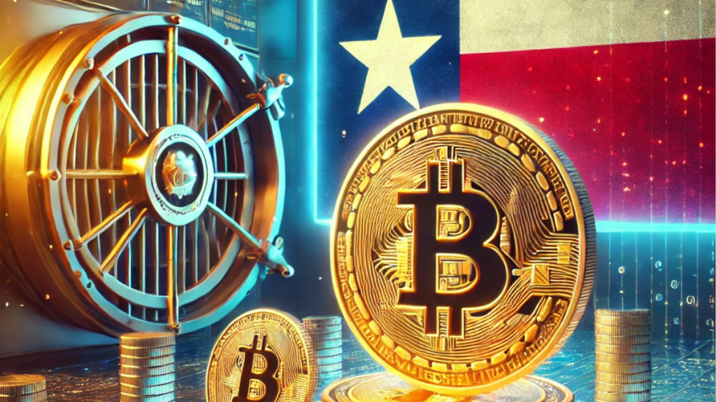 Illustration of Texas adopting Bitcoin for its state treasury, featuring a golden Bitcoin symbol with the Texas state flag, a secure digital vault, and a futuristic backdrop symbolizing innovation and fiscal progress