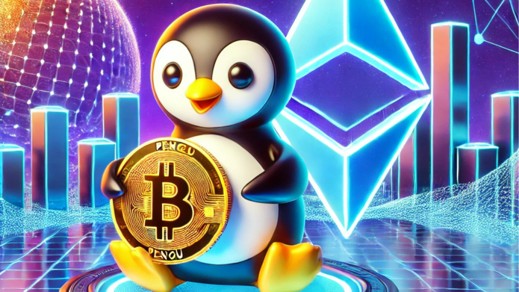 A futuristic crypto-themed illustration featuring a playful penguin mascot holding a shiny coin labeled 'PENGU' on a glowing Solana blockchain logo, surrounded by vibrant digital grids in blue and purple tones.