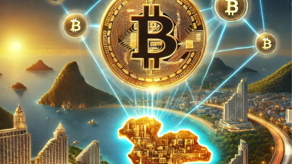 Futuristic illustration of Thailand's Bitcoin adoption, featuring a glowing Bitcoin symbol over a map of Thailand with digital transaction lines, Phuket's landscape, and a financial district in the background