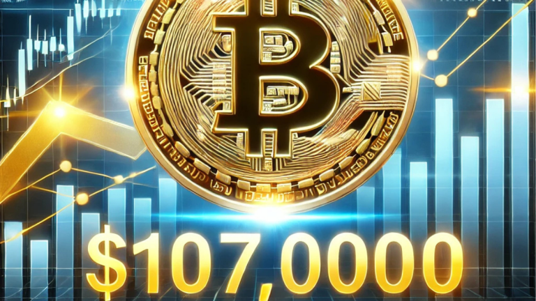 Illustration of Bitcoin reaching $107,000 with a large golden Bitcoin symbol, glowing financial charts, upward-trending arrows, and skyscrapers in the background, representing a futuristic financial market.