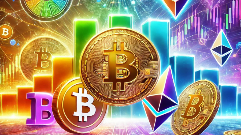 Colorful and vibrant digital illustration of the cryptocurrency market featuring glowing Bitcoin, Ethereum, and altcoin symbols, dynamic charts, and abstract neon blockchain elements representing financial growth and innovation.