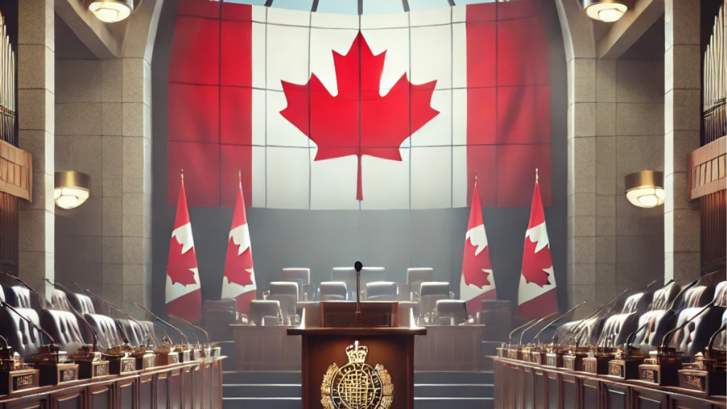 Illustration of a Canadian Parliament chamber with an empty podium and a Canadian flag, symbolizing political resignation and uncertainty