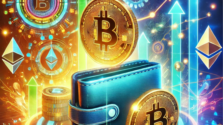 Futuristic digital illustration of a glowing crypto wallet surrounded by rising charts, Bitcoin, Ethereum, and Best Wallet token symbols with vibrant neon colors and blockchain elements.