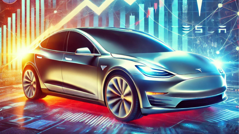 Illustration showcasing Tesla stock growth with the Tesla logo, a sleek car model, a glowing stock chart, and abstract financial symbols representing market excitement