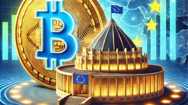 Digital illustration of Bitcoin's influence in Europe, featuring a glowing Bitcoin symbol in front of the European Parliament, EU flag, and financial graphs.