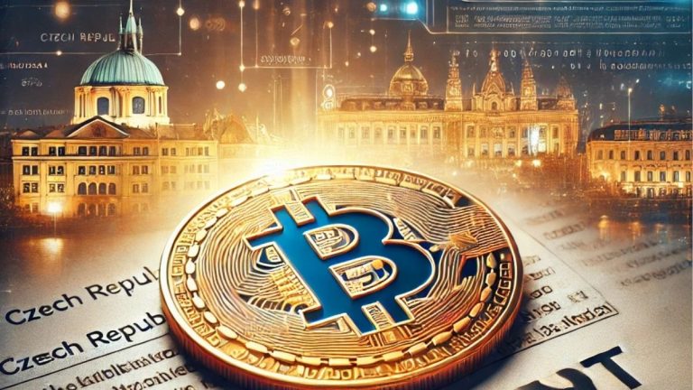 A golden Bitcoin coin placed on a financial document labeled 'Tax Exempt,' with a backdrop featuring Czech Republic landmarks and digital elements, symbolizing progressive cryptocurrency legislation