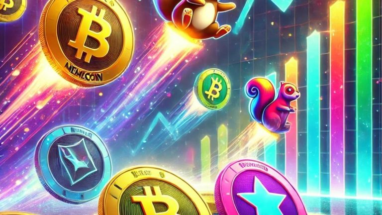 A vibrant depiction of the memecoin market surge, with colorful digital tokens featuring dog, squirrel, and star designs floating upward. A glowing graph with upward trends highlights rapid growth against a dark futuristic background.