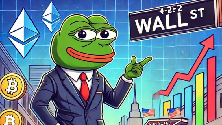 Illustration of Wall Street Pepe, a cartoon frog in a business suit on Wall Street, surrounded by cryptocurrency symbols and upward-trending charts, symbolizing growth and success in the crypto market.