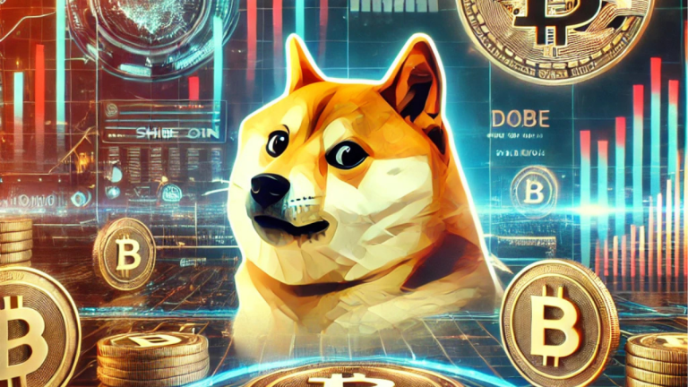 A high-tech visualization of the cryptocurrency market featuring Dogecoin and Shiba Inu logos, with dynamic charts and digital blockchain elements symbolizing memecoin trends and volatility.