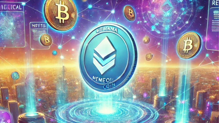 Unique digital representation of a Solana memecoin project with floating holographic coins and abstract NFT elements.