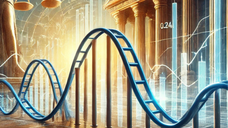 A dynamic scene of financial market volatility featuring a rollercoaster-style graph, with symbols of political and economic decisions in the background, depicting tension and unpredictability. discover more about this Market Whiplash in January