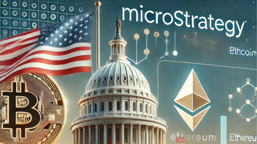 A realistic illustration highlighting MicroStrategy's role in cryptocurrency leadership. The U.S. Capitol building is in the background, with the MicroStrategy logo prominently displayed in the foreground. Subtle Bitcoin and Ethereum symbols are incorporated, alongside an American flag, symbolizing innovation and national pride.