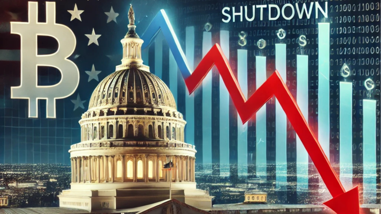 A declining financial graph symbolizing Bitcoin's drop, with a U.S. Capitol building and government shutdown visuals in the background, reflecting economic tension and strategic opportunities.