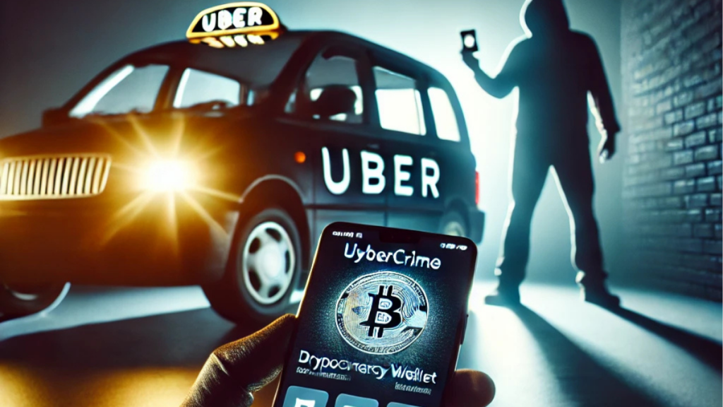 A tense scene with an Uber car in the background and a smartphone showing a cryptocurrency wallet app in the foreground, symbolizing cybercrime and digital theft.