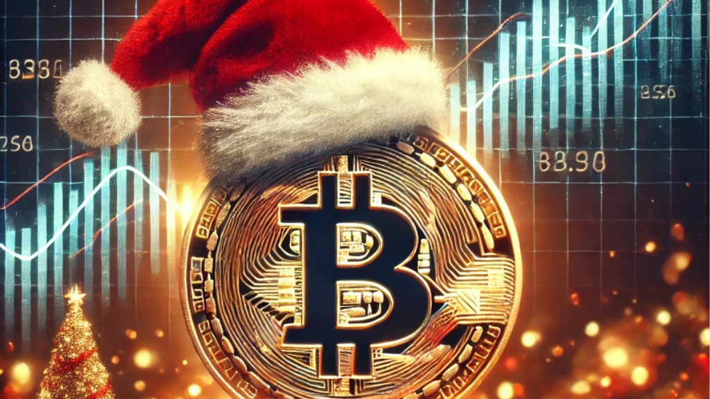 A festive image featuring Bitcoin wearing a glowing Santa hat, with a dynamic financial chart showing mixed trends in the background, symbolizing the Santa Rally's volatility.