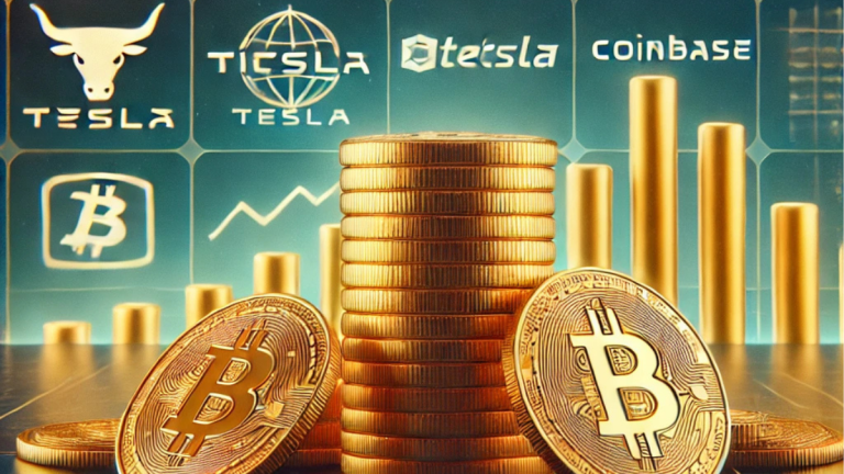 A stack of golden Bitcoin coins in the foreground with a stylized list of the top 60 Bitcoin holders in the background, including company logos like MicroStrategy, Tesla, and Coinbase, symbolizing institutional investment