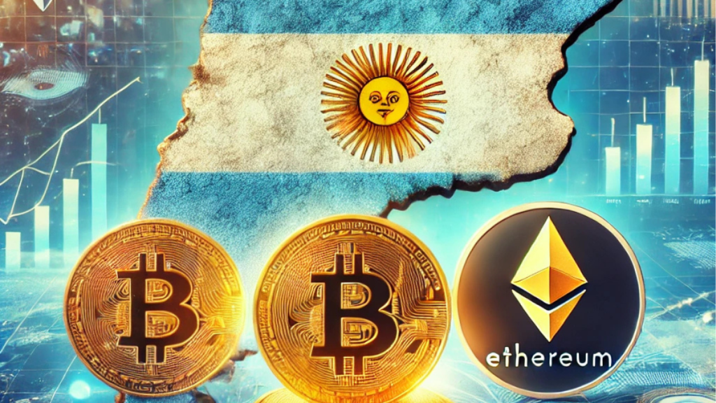 A gold coin with Bitcoin and Ethereum symbols placed on a map of Argentina, surrounded by dynamic financial graphs, symbolizing Argentina's integration into global markets through ETFs.