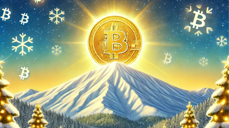 A festive winter landscape with a snow-covered road leading to a glowing golden mountain, symbolizing Bitcoin's growth and optimism during the Santa Rally. Subtle Bitcoin symbols appear in the sky and on the mountain, enhancing the holiday atmosphere.