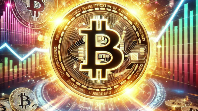 A glowing Bitcoin symbol at the center of a futuristic scene, surrounded by dynamic financial charts illustrating a 10,000% surge. The background features blockchain-inspired elements and a vibrant, technology-driven theme, representing Bitcoin's transformative growth.