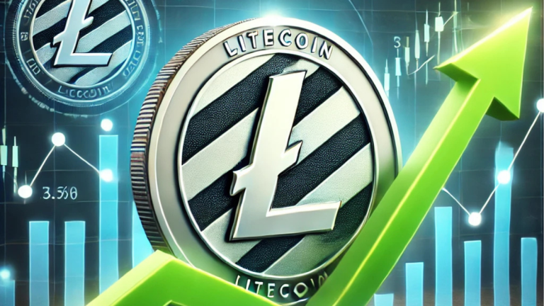 isualization of Litecoin's market rise, featuring a Litecoin coin ascending on a financial chart with green upward arrows, symbolizing growth in a professional and futuristic cryptocurrency theme.