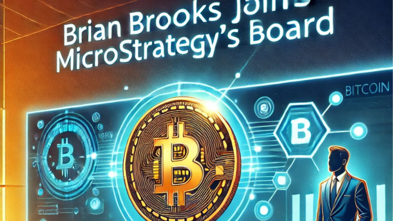 A professional illustration of Brian Brooks joining MicroStrategy's board, featuring a modern boardroom with a Bitcoin emblem and blockchain elements, symbolizing the integration of crypto expertise into corporate leadership.