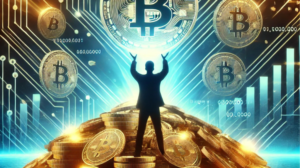 A conceptual illustration of a person gathering a pile of glowing Bitcoin coins, set against a futuristic backdrop with blockchain patterns and digital data streams, symbolizing wealth and strategic cryptocurrency investment.