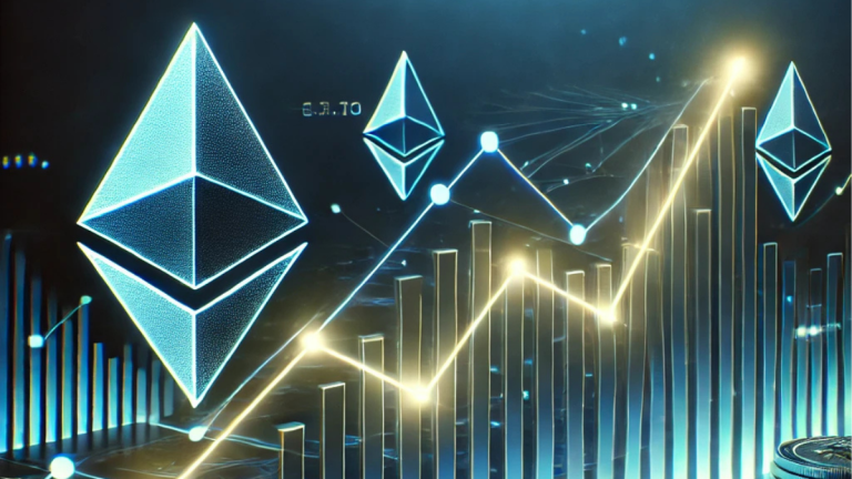 Stylized financial chart showing an upward trend with integrated Ethereum symbols, glowing lines, and a futuristic design on a dark gradient background.