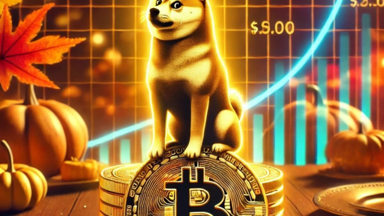 Illustration of Dogecoin rising, featuring the Dogecoin logo glowing on a golden coin, a Thanksgiving-themed setting with autumn leaves, a festive atmosphere, and an upward-trending graph in the background.