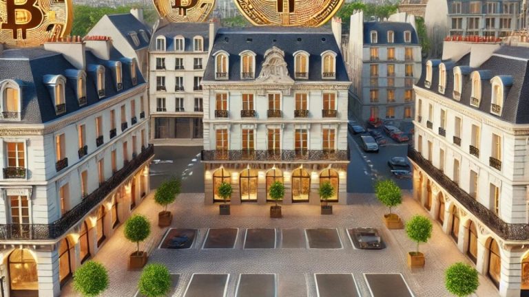 An artistic depiction of two parking spaces with digital Bitcoin icons hovering above, symbolizing the crypto-based transaction. The scene features a backdrop of a modern French cityscape to highlight the innovation in real estate