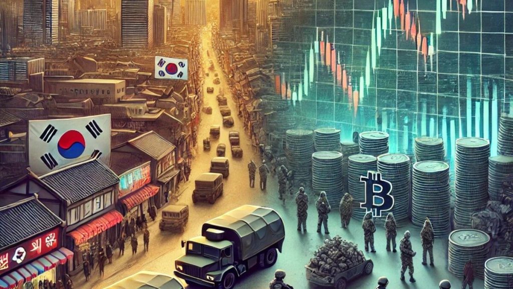 Illustration of martial law in South Korea showing military presence and a cryptocurrency exchange board with declining charts, symbolizing political and economic impacts.