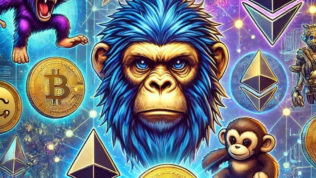 A vibrant digital art representation of NFTs, featuring iconic tokens like Bored Ape, Cryptopunks, and Doodles, set against a dynamic Ethereum blockchain backdrop.