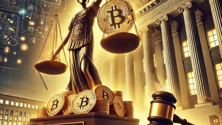 Digital artwork showing the sale of $2 billion worth of seized Bitcoin by US authorities, featuring a balance scale with Bitcoin coins and a gavel, set against the US Department of Justice building with a golden light and cybersecurity elements in the background.