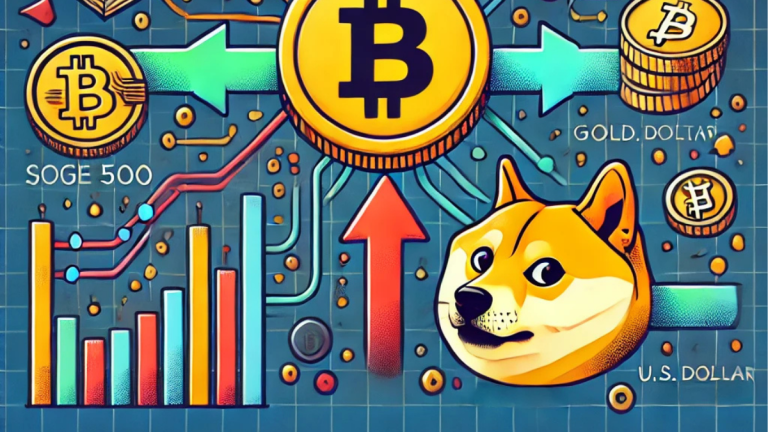 Illustration of cryptocurrency market correlations showing Bitcoin and Dogecoin connected by arrows, with S&P 500, gold bars, and U.S. Dollar Index in the background to represent varying correlation strengths.