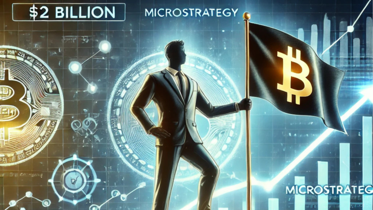 A bold representation of MicroStrategy's $2 billion Bitcoin acquisition plan. The image features a towering stack of Bitcoin coins with a corporate figure holding a flag labeled "MicroStrategy," set against a futuristic background of financial charts and blockchain elements.