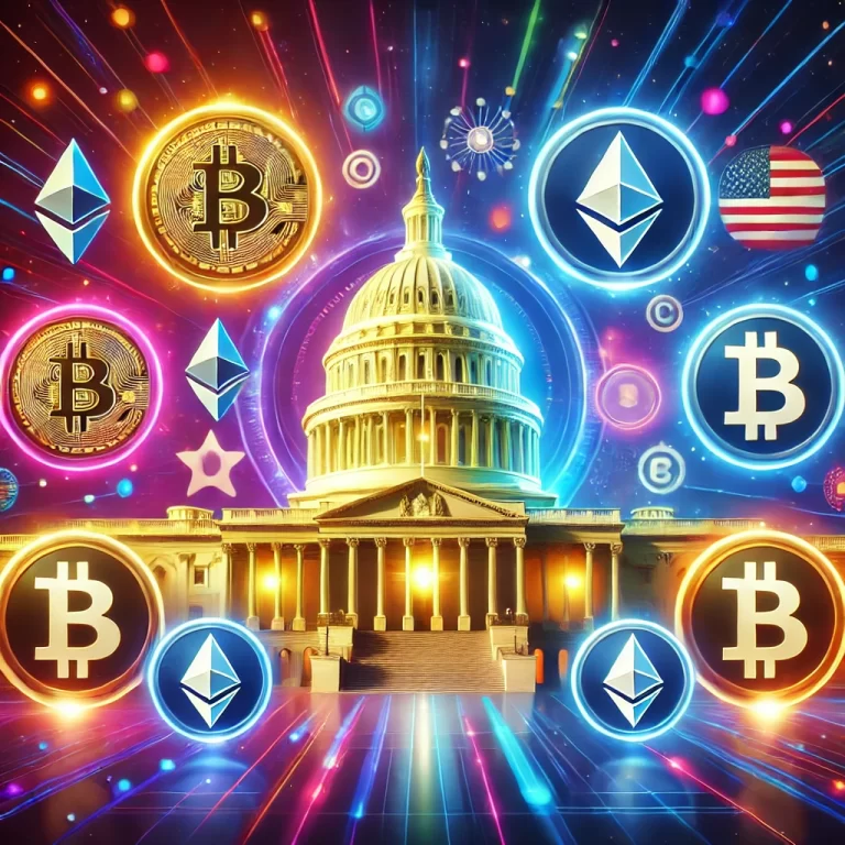 A vibrant and futuristic illustration of the U.S. Capitol surrounded by glowing cryptocurrency symbols, symbolizing innovation and digital progress in the cryptocurrency industry.