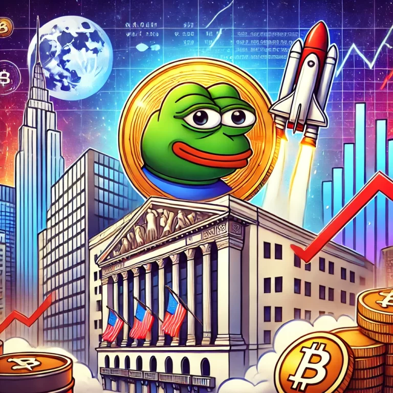 A vibrant illustration of a Pepe-themed coin on Wall Street, surrounded by skyscrapers, financial charts, and rockets, symbolizing growth and the memecoin phenomenon.