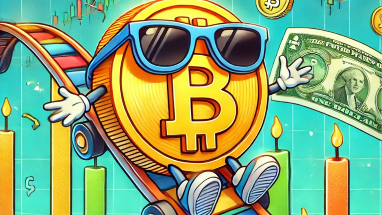 A playful depiction of Bitcoin in the ETF market, featuring a smiling golden Bitcoin coin wearing sunglasses, floating above a roller coaster of candlestick charts. Surrounding the scene are vibrant cartoon-style dollar bills and crypto icons, creating a lively and colorful financial theme.