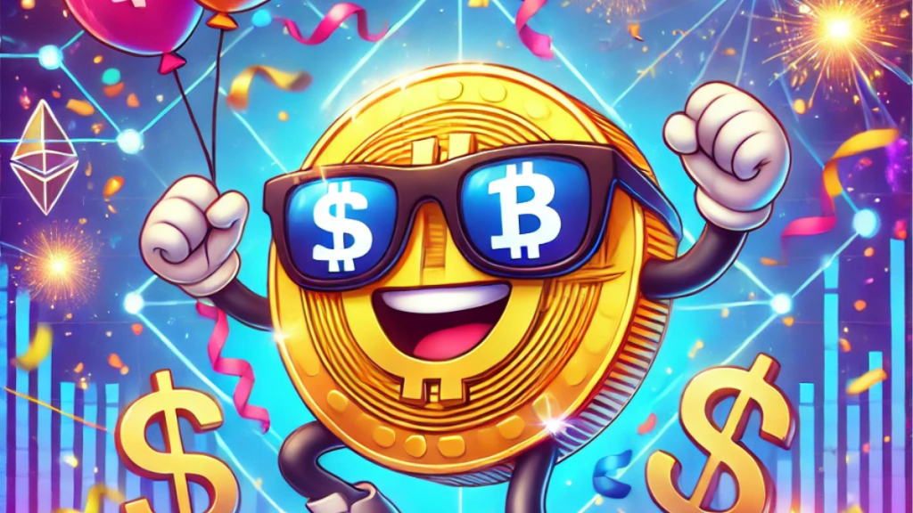 A vibrant and cheerful illustration of a cartoon $SOLX token character wearing sunglasses and smiling, surrounded by glowing blockchain elements, bright confetti, balloons, and streamers. The scene conveys a fun and futuristic celebration of cryptocurrency innovation.