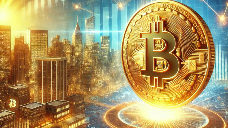 A futuristic digital illustration of a golden Bitcoin symbol soaring above a modern cityscape, representing Bitcoin reaching $1 million. The background features glowing financial charts, blockchain visuals, and a radiant sunrise, symbolizing growth and global adoption.